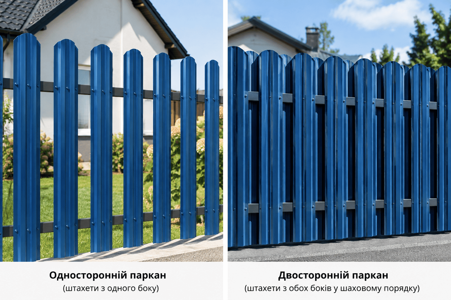 Односторонній і двосторонній паркан із синього металоштахетника