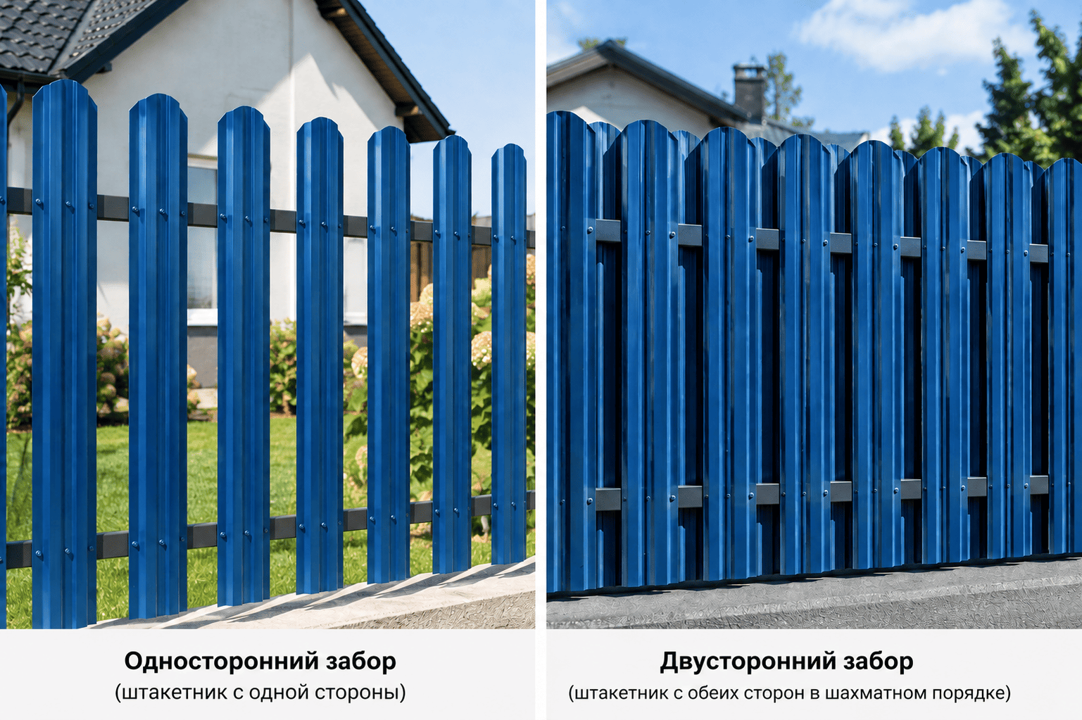 Односторонний и двухсторонний забор из металлоштакетника